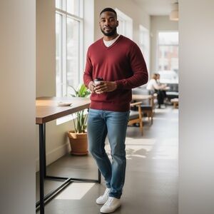 British Khaki New Men's Red V-Neck Sweater